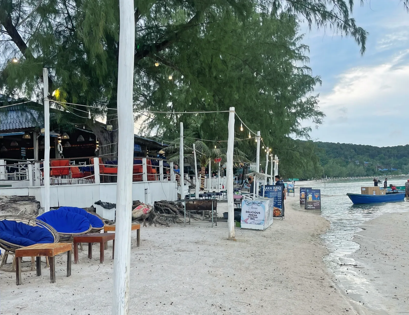 A beach resort with white sand